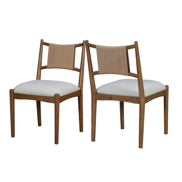 English Elm Upholstered Linen Dining Chairs Set of 2 Rubberwood Mid-century Woven Paper Rope Back Beige,Brown N776P385751D