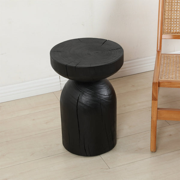 English Elm Solid Mango Wood Round Accent Table Hand Burned Finish Sculptural Plant Stand Nightstand W347P430101