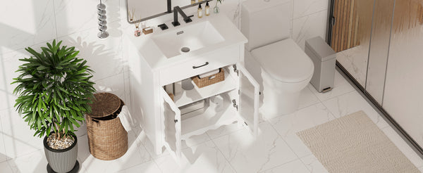 English Elm Christopher Knight Home® - 30 Inches Bathroom Vanity With Tempered Glass Doors, Space-Saving Design, White Rubber Wood Style N817P299499W