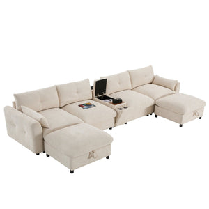 English Elm 142'' Modular Sectional Sofa - 6-Seat U-Shaped Design With Storage Ottoman & Usb Charger N723S9777A-GIGA