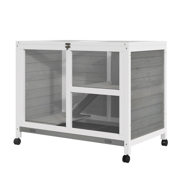 English Elm PawHut Compact Indoor Rabbit Hutch with Wheels and Plexiglass Window, Waterproof, Easy-Clean Tray Grey W2225P200851