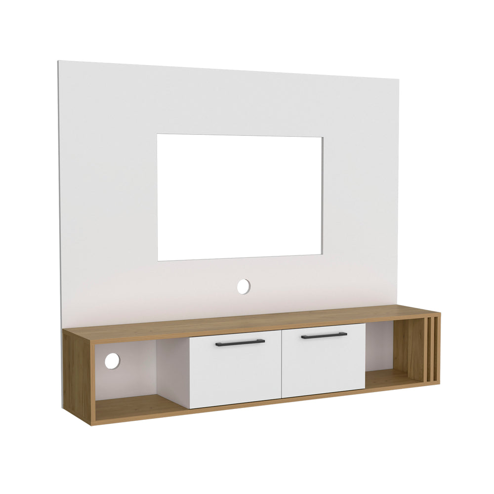 English Elm Vance 56" Floating Entertainment Center in Natural Oak White – Modern TV Stand with Cabinets, Cable Management, Shelving and Easy Assembly B200P286965