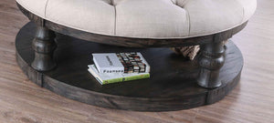 English Elm Rustic Round Wooden Coffee Table 48" Dia x 20" H with Weathered Finish, Turned Legs, Open Shelf and Button-Tufted Beige Linen Top Antique Grey 51 L x 51 W x 13 H B2741P357495