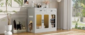 English Elm Cat Litter Box Cabinet with Glass Doors Led Light Drawers and Wood Grain Finish Gray N704P395520E