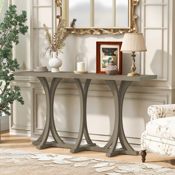 English Elm U-style Farmhouse Console Table Oak Veneer Top Curved Rubberwood Legs Entryway Gray N711P295300E