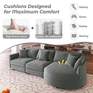 English Elm U_style Chenille Sectional Sofa with Curved Chaise Pine Frame and Three Accent Pillows Grey WY000461AAE