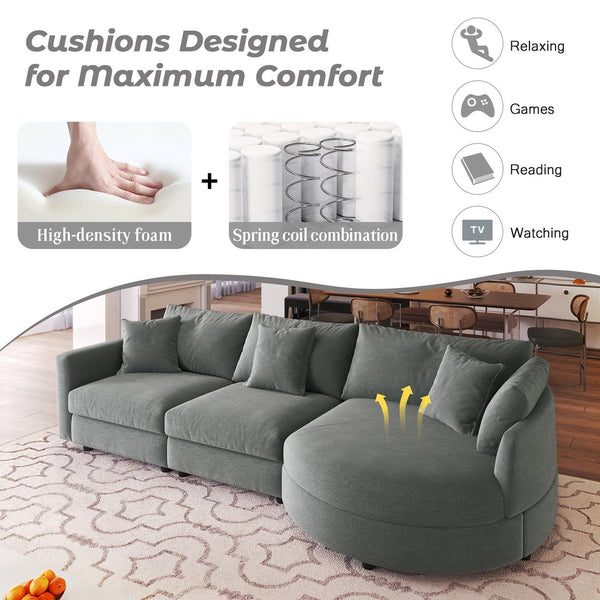 English Elm U_style Chenille Sectional Sofa with Curved Chaise Pine Frame and Three Accent Pillows Grey WY000461AAE