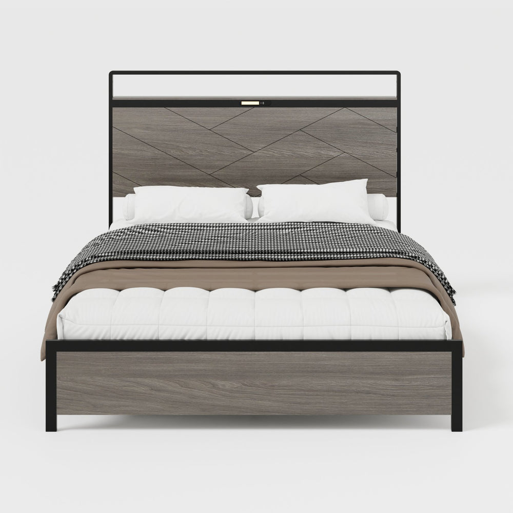 English Elm Bed Frame Full Size: Industrial-Style Wooden Platform With Led Headboard, Usb Charging & Storage W636P294910