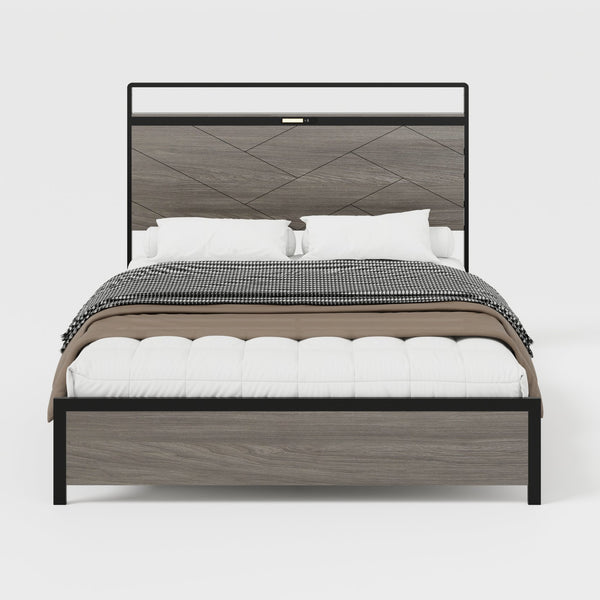 English Elm Bed Frame Full Size: Industrial-Style Wooden Platform With Led Headboard, Usb Charging & Storage W636P294910