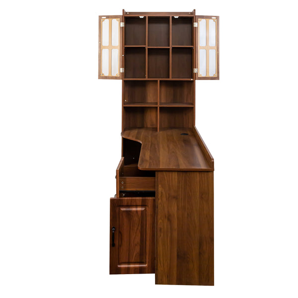 English Elm L-Shaped Corner Computer Desk with Hutch & Drawers, Space-Saving 2-in-1 Design and Ample Storage Walnut W331S00187