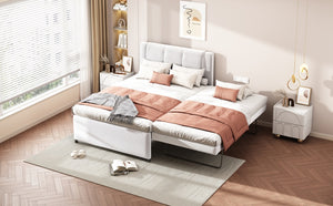 English Elm Full Size Upholstered Platform Bed With Versatile Trundle - Stylish Beige Design For Any Space! DL001678AAA