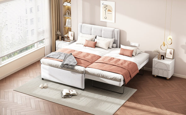 English Elm Full Size Upholstered Platform Bed With Versatile Trundle - Stylish Beige Design For Any Space! DL001678AAA