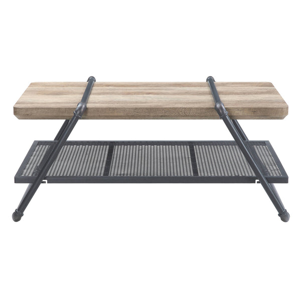English Elm Oak Industrial Coffee Table With Sandy Grey Finish And Mesh Shelf For Modern Rustic Living Rooms B062P186437