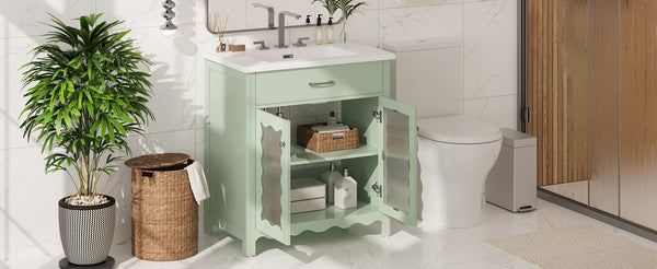 English Elm Christopher Knight Home® - 30 Inch Bathroom Vanity With Tempered Glass Doors, Soft-Close, Modern Green Cabinet & Ceramic Sink N817P299499G