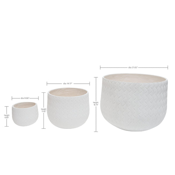 English Elm Assorted Round Magnesium Oxide Planters Woven Texture White Set of 3 with Drainage W5212P434202