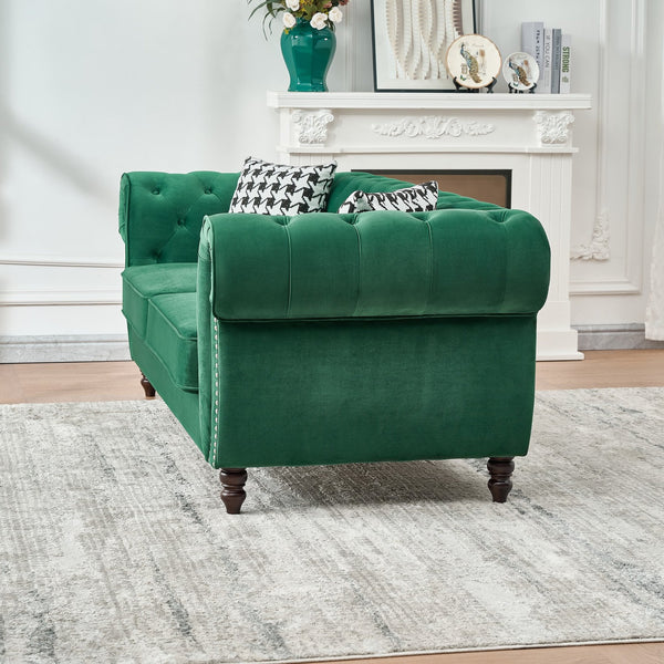 English Elm 85"chesterfield Velvet Sofa Tufted Roll Arms Nailhead Trim Mid-century 3 Seat Green W3373S00065