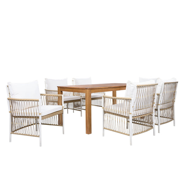 English Elm Topmax Outdoor Acacia Wood Dining Set with Six Pe Wicker Arm Chairs for Backyard SP100033AAN