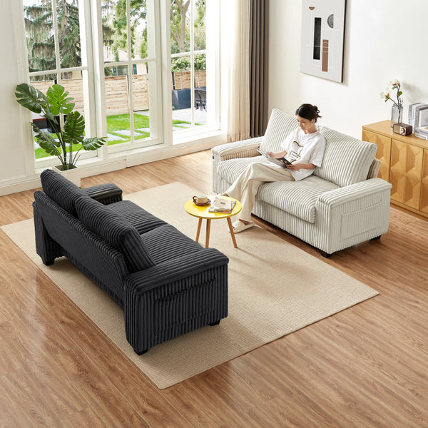 English Elm 71" Plush Corduroy Sofa with Hidden Armrest Storage, USB Charging Port, Solid Wood Frame Comfort White W3817P375150