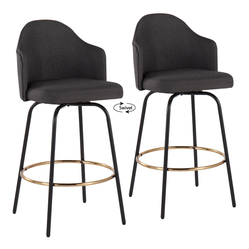 English Elm Ahoy Contemporary Counter Stool Set Of 2: Charcoal Fabric, Black Metal Legs & Gold Footrest Elegance B202S00147