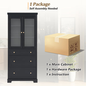 English Elm 70.1" Modern Tall Storage Cabinet with 3 Drawers, 2 Adjustable Shelves, Soft-Close Glass Doors, Gold Handles Black N729P271979B