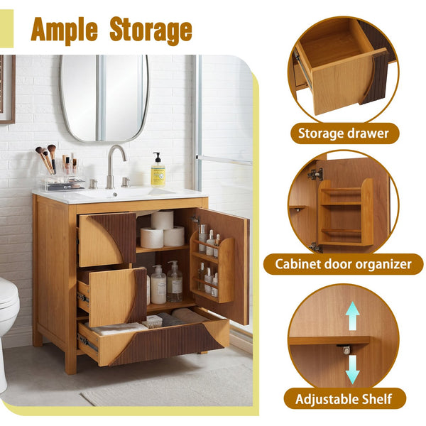 English Elm 30 Inch Fluted Freestanding Bathroom Vanity Solid Wood Soft Close Spa Style W5278S00003
