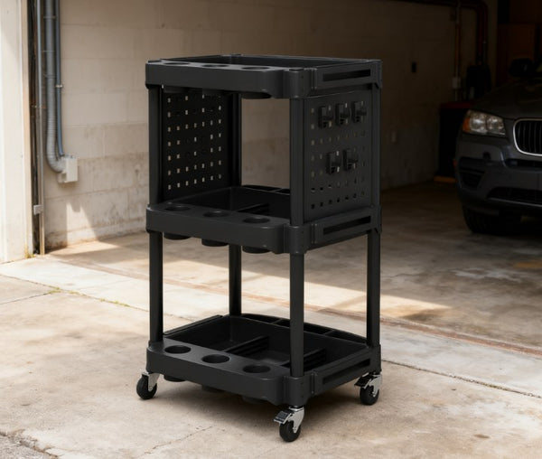 English Elm Capacity Three Tier Plastic Rolling Workshop Cart with Hooks Side Shelves Garage T3971P412729