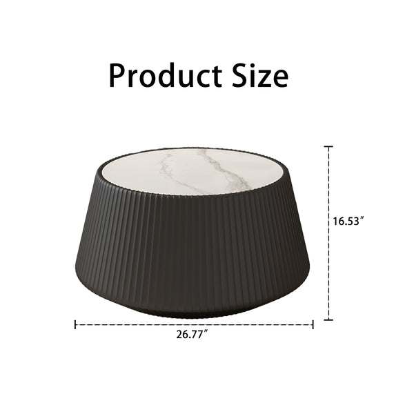 English Elm Light Sintered Stone Top Round Coffee Table with Sculpted Leather Base for Living Room W3081P367629