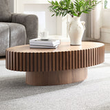 English Elm Modern Handcraft Drum Coffee Table Length 43.7 Inch Ellipse Coffee Table For Living Room,Oval Small Coffee Table With Sturdy Pedestal,Walnut Mdf