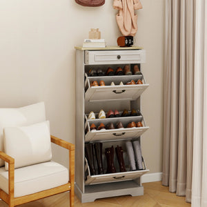 English Elm Shoe Storage Cabinet - Slim Freestanding Organizer With 1 Drawer, 3 Flip Drawers & Adjustable Shelf W1120P290634-GIGA
