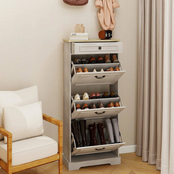 English Elm Shoe Storage Cabinet - Slim Freestanding Organizer With 1 Drawer, 3 Flip Drawers & Adjustable Shelf W1120P290634-GIGA