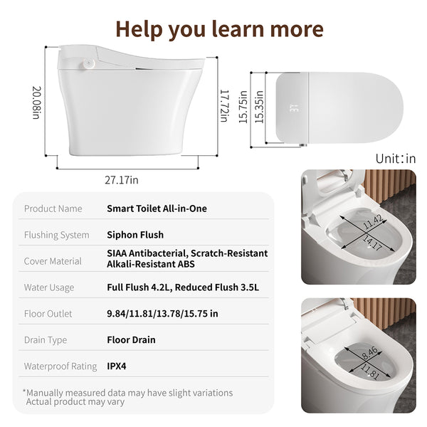 English Elm Smart Toilet Bidet One Piece Elongated Auto Seat Heated Wash Hands Free Design W3402P402915
