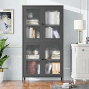 English Elm Classic Metal Storage Cabinet - Elegant Display Case With 4 Glass Doors & Adjustable Shelves For Home W2378P176270