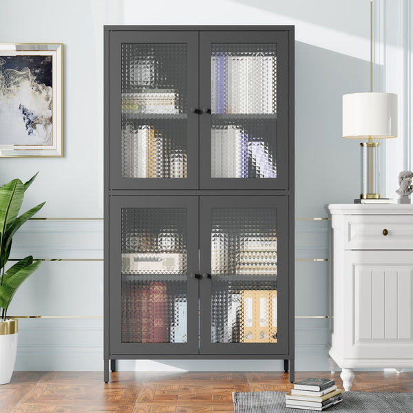 English Elm Classic Metal Storage Cabinet - Elegant Display Case With 4 Glass Doors & Adjustable Shelves For Home W2378P176270