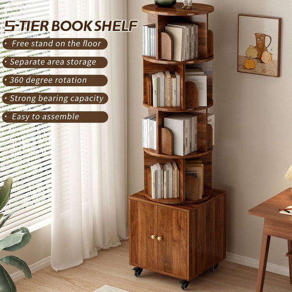 English Elm Rotating 360° Corner Bookshelf - 5-Tier Compact Storage Rack With Drawer For Small Spaces, Walnut W2641P329220-GIGA