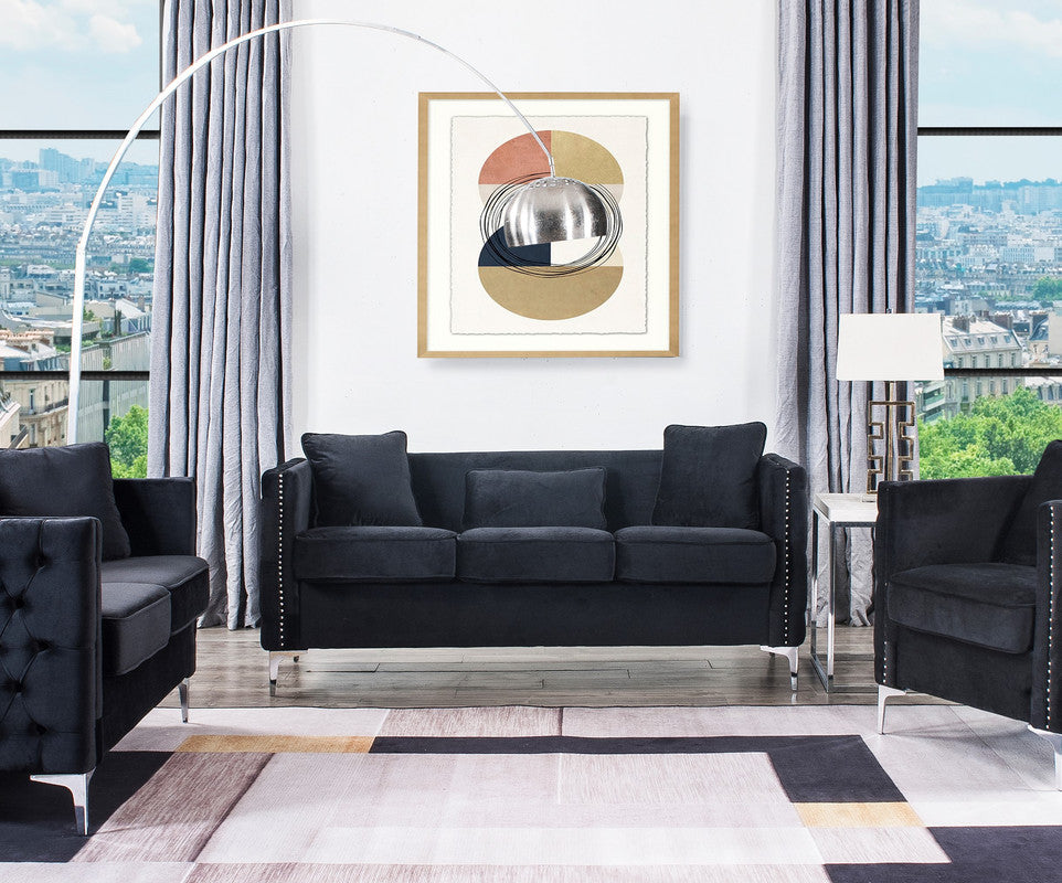 English Elm Belluno Tufted Black Velvet Sofa with Nailhead Trim and Chrome Legs for Glam Living B2749P413381