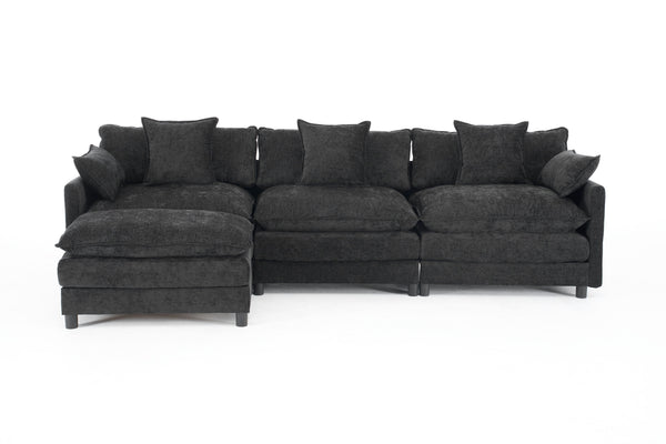 English Elm 108" L-shaped Chenille Cloud Sectional Deep Seat Sofa with Ottoman for Living Rooms Black W3244S00004
