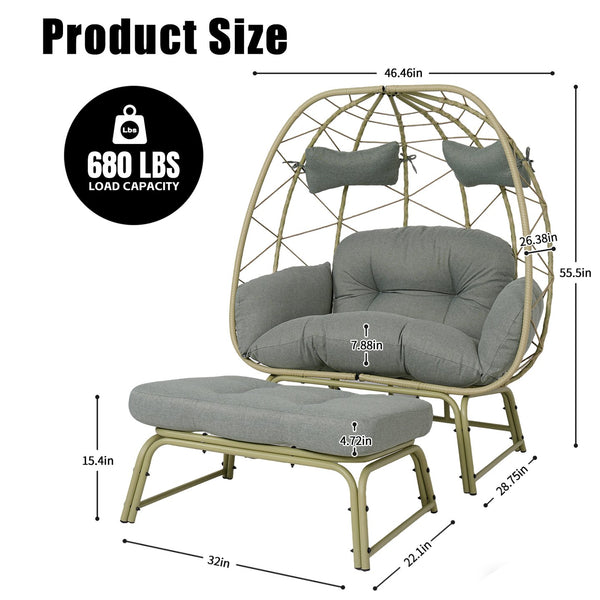 English Elm Double Wicker Egg Chair with Ottoman Bohemian Rattan Outdoor Lounge for Patio T5880P501482