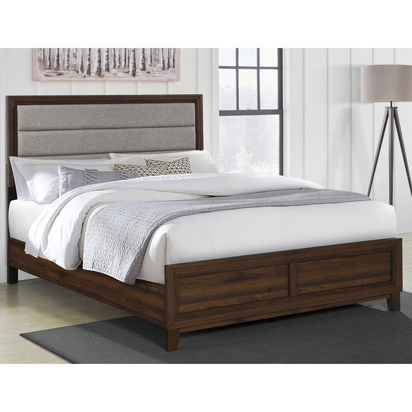 English Elm Anza Walnut Upholstered Queen Bed with Padded Headboard, Durable Laminate Finish, Scuff-Resistant Style B062S01312