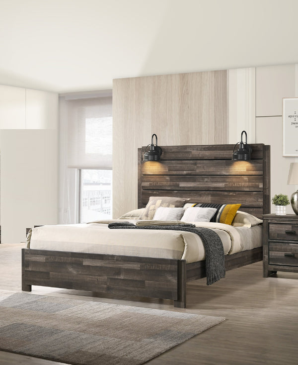 English Elm 1pc Rustic Style Butcher Block Finish Queen Size Bed with Weathered Finish, Detailed Trim, Sturdy Frame Brown 92.07 L x 38.91 W x 11.2 H B011P230852