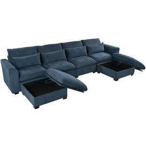 English Elm U_style Modular U-shaped Sectional Sofa Six Seat Linen Fabric with Storage Ottomans Dark Blue WY000491AAC