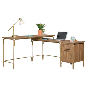 English Elm L-Shaped Desk In Warm Brown & Gold Finish - Perfect For Home Offices, Gaming, And Small Spaces! B356P354450