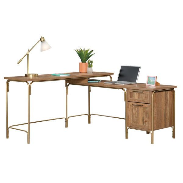 English Elm L-Shaped Desk In Warm Brown & Gold Finish - Perfect For Home Offices, Gaming, And Small Spaces! B356P354450