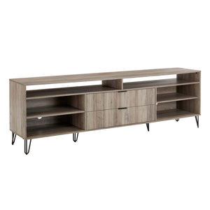 English Elm Dumbo 85" Fluted TV Stand with Gold Legs, 2 Drawers & 6 Shelves, Wire Management, Easy Snap Assembly Grey B365P397926