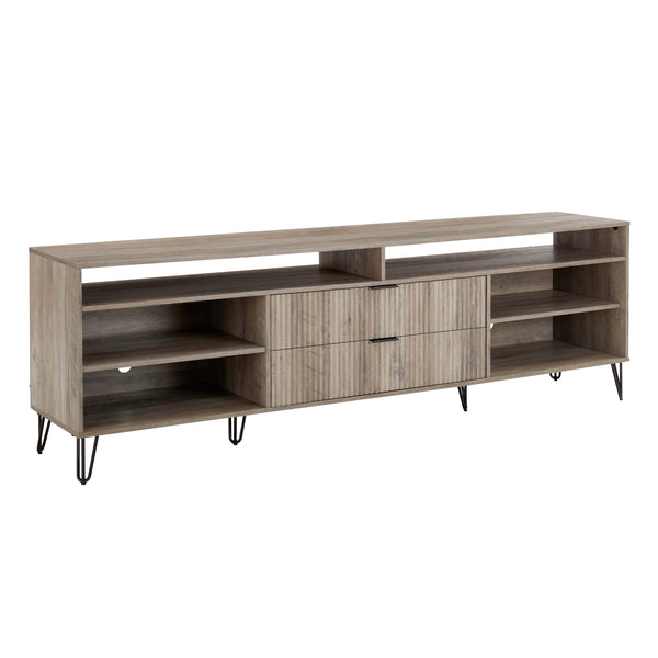 English Elm Dumbo 85" Fluted TV Stand with Gold Legs, 2 Drawers & 6 Shelves, Wire Management, Easy Snap Assembly Grey B365P397926
