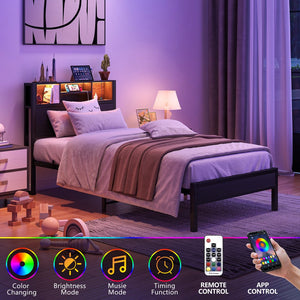 English Elm Twin Metal Platform Bed with Storage Headboard, RGB LED Lights, USB Charging, Under-Bed Space W840P201065