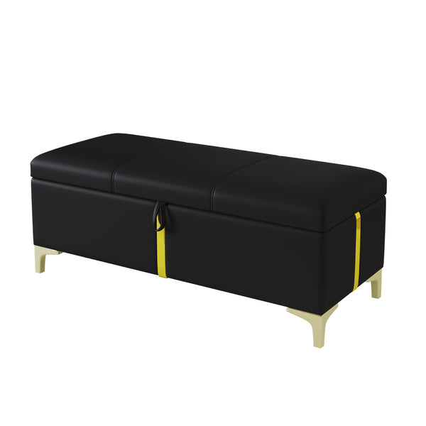 English Elm 2-pieces Queen Platform Bed Set Pu Upholstered Hydraulic Storage with Gold Accent Ottoman N733S362242B