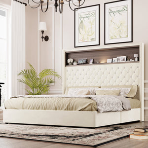 English Elm Queen Velvet Tufted Wingback Platform Bed Tall Headboard with Usb Charging Shelf Beige N733P367135A