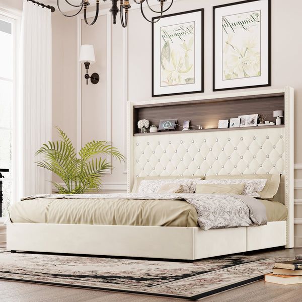English Elm Queen Velvet Tufted Wingback Platform Bed Tall Headboard with Usb Charging Shelf Beige N733P367135A