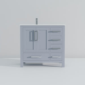 English Elm Dark Grey Wood Vanity 36" W x 22" D with Left Offset White Quartz Top, Soft-Close Drawers & Faucet Set B2731P259031