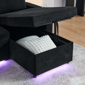 English Elm Modern Chenille Pull-Out Bed Sofa With Led Lights, Usb Ports, Cup Holders & Retractable Table, Black W1413S00098